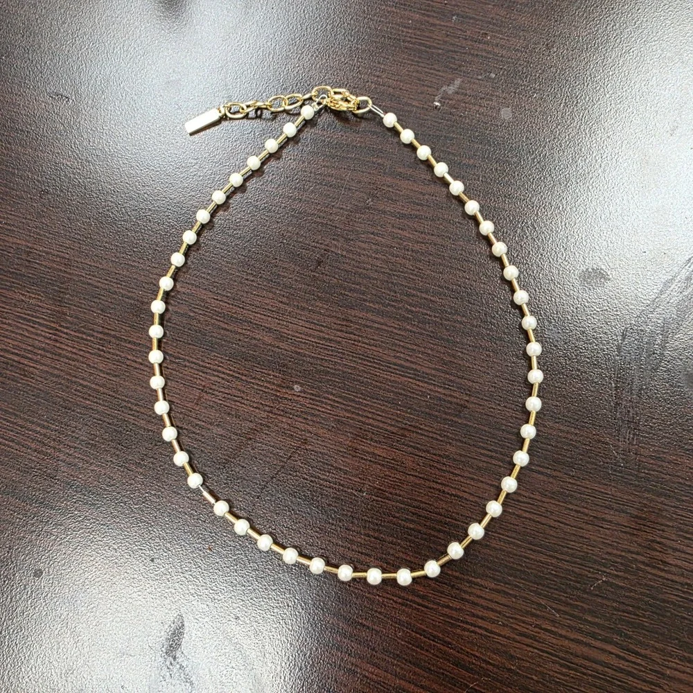 Napier Gold Tone Faux Pearl Bar Link Necklace 17 Inch Adjustable Clasp